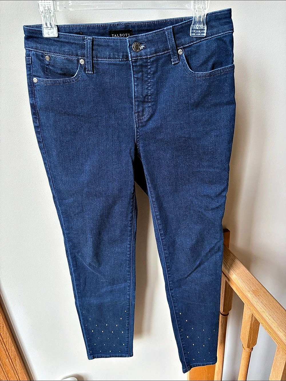 Talbots Slim Ankle Jeans Blue Denim w Subtle Rhinestone Trim Size 4
